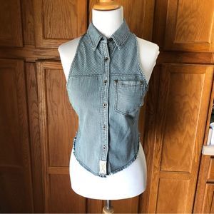 ❤️We the Free Blue Striped Button Fringe Vest Jacket Size XS
